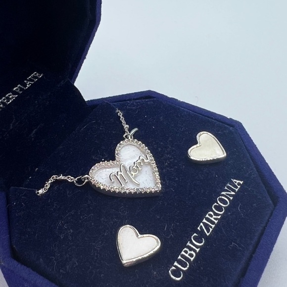 Cubic Zirconia Heart Pendant Necklace & Mother-of-Pearl Earrings in Silver-Tone - Picture 5 of 6